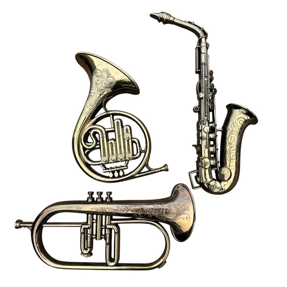 Vintage Faux Brass Instrument Wall Decor Set Saxophone French Horn Trumpet 3